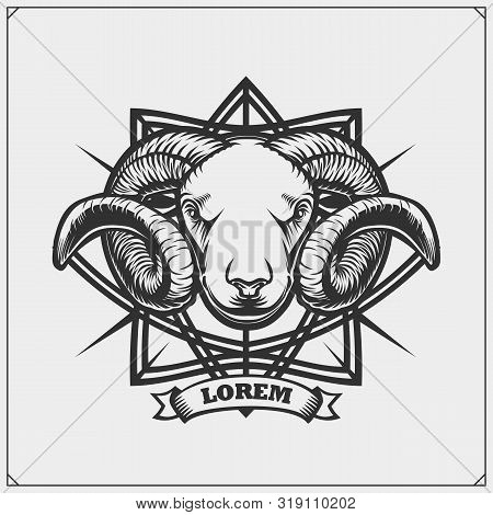 Emblem Of Ram With Beautiful Swirling Horns. Sport Club Emblems, Meat Store Logo, Print Design For T