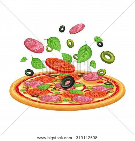 Vector Pizza With Pepperony, Mozarella And Tomato. Italian Food Illustration.