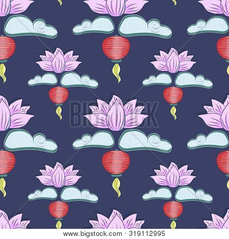 Mid Autumn Festival Background With Rabbits, Moon Cake, Lotus, Clouds And Chinese Lanterns. Vector S