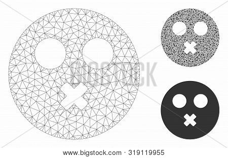 Mesh Mute Smiley Model With Triangle Mosaic Icon. Wire Carcass Polygonal Mesh Of Mute Smiley. Vector