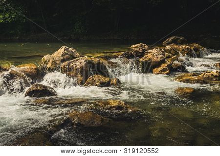 Nature Rainforest River Cascade. Stream In Forest Nature. Green Forest Stream. Nature. Stream. Natur