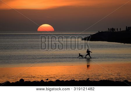 Young Man And His Dog As Silhouettes Are Playing In The Sunset On The Beach Of The North Sea At Low 