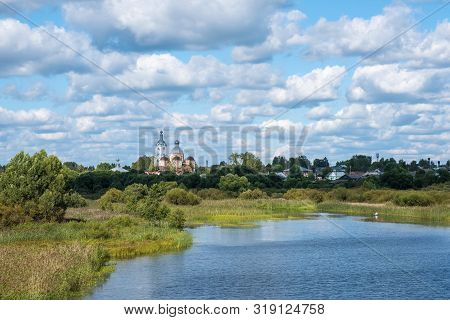 Summer Rural Landscape With The Lukh River In The Village Of Myt, Russia.