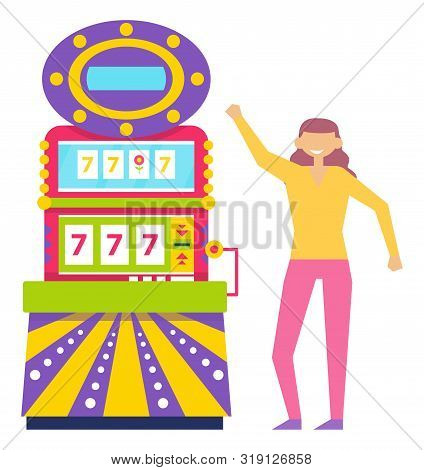 Playing On Slot Machine Vector, Isolated Woman Dancing By Device. Spinning Wheels With Lucky Sevens,