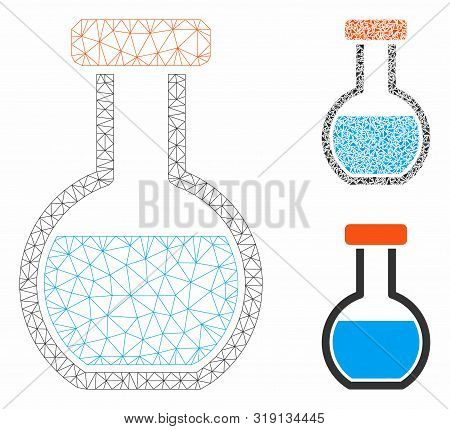 Mesh Round Retort Model With Triangle Mosaic Icon. Wire Frame Triangular Mesh Of Round Retort. Vecto