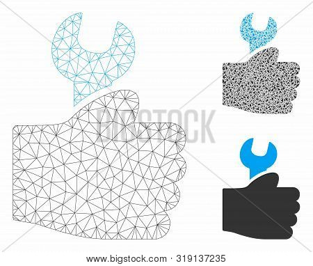 Mesh Service Hand Model With Triangle Mosaic Icon. Wire Frame Triangular Mesh Of Service Hand. Vecto