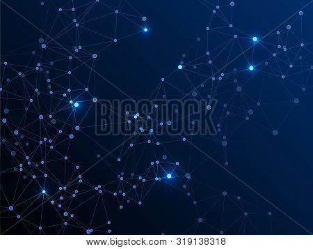 Big Data Cloud Scientific Concept. Network Nodes Plexus Dark Blue Background. Tech Vector Big Data V