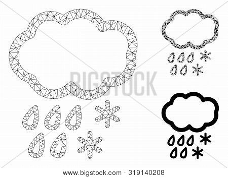 Mesh Sleet Cloud Model With Triangle Mosaic Icon. Wire Carcass Polygonal Mesh Of Sleet Cloud. Vector