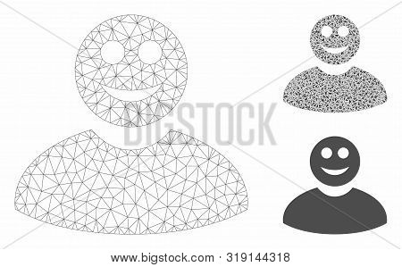 Mesh Smiled Man Model With Triangle Mosaic Icon. Wire Frame Triangular Mesh Of Smiled Man. Vector Mo