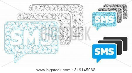 Mesh Sms Queue Model With Triangle Mosaic Icon. Wire Carcass Polygonal Mesh Of Sms Queue. Vector Mos