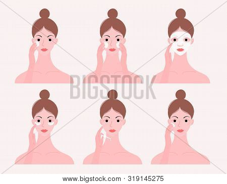 Skin Care Routine. Simple Woman Face With A Different Facial Procedures: Makeup Remover, Cleancing F