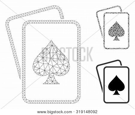 Mesh Spade Gambling Cards Model With Triangle Mosaic Icon. Wire Frame Triangular Mesh Of Spade Gambl