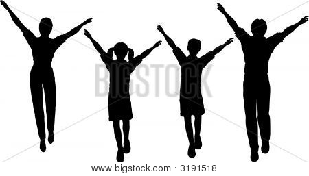 Family Of Four With Hands Up