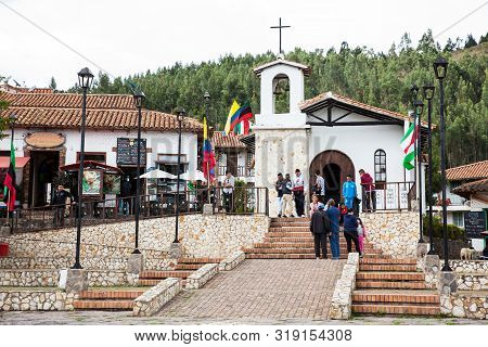 Duitama, Colombia - August, 2019: Tourists Visiting The Beautiful Touristic Place Called Pueblito Bo