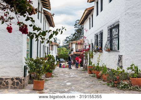Duitama, Colombia - August, 2019: Tourists Visiting The Beautiful Touristic Place Called Pueblito Bo