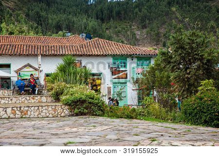 Duitama, Colombia - August, 2019: Tourists Visiting The Beautiful Touristic Place Called Pueblito Bo