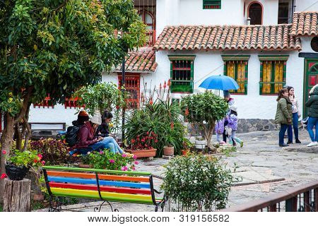 Duitama, Colombia - August, 2019: Tourists Visiting The Beautiful Touristic Place Called Pueblito Bo