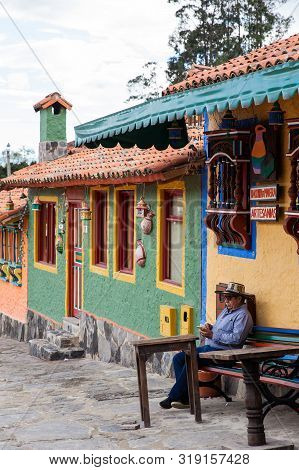 Duitama, Colombia - August, 2019: Tourists Visiting The Beautiful Touristic Place Called Pueblito Bo