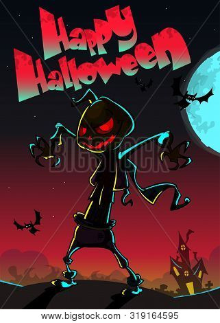Halloween Cartoon Scary Pumpkin Head Scarecrow Jack O Lantern Illustration