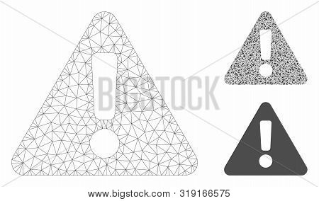 Mesh Warning Model With Triangle Mosaic Icon. Wire Carcass Polygonal Mesh Of Warning. Vector Mosaic 