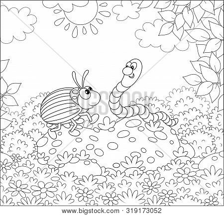 Striped Colorado Potato Beetle And A Funny Worm Friendly Talking On A Green Glade Of A Forest On A S