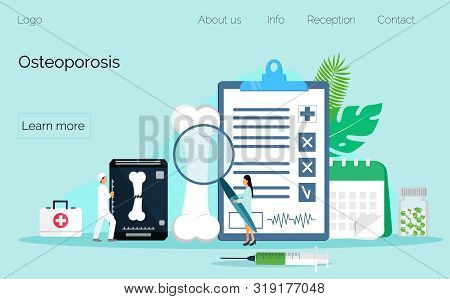 Osteoporosis World Day Concept, Osteoarthritis Anatomical Vector. Tiny Doctors Research Bones Of Hum