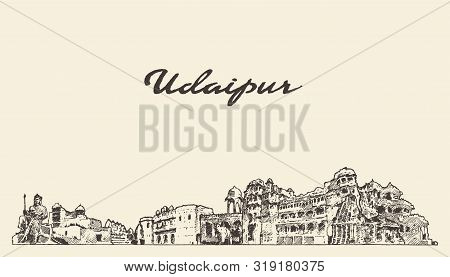 Udaipur Skyline Rajasthan India Hand Vector Sketch