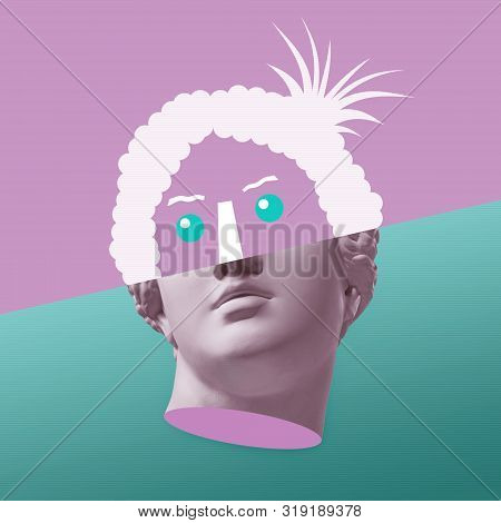 Contemporary Art Concept Collage With Antique Statue Head In A Surreal Style. Modern Unusual Art.