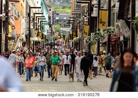 Andorra La Vella, Andorra : 2019 August 22 :  Andorra La Vella. People Walk In The Comercial Street