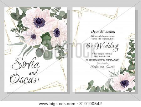 Vector Template For Wedding Invitation. Polygonal Gold Shapes, Anemone Flowers, Green Leaves, Plants
