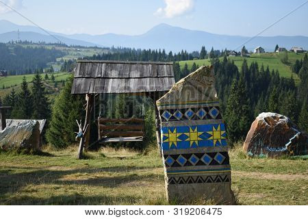 Ethnographic Drawing On Stone On Carpatians. Ukraine