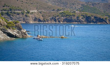 View On Paradisial Bays, Blue Sea Water On Mountains Background.