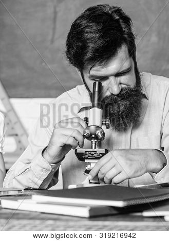 Looking Through The Microscope. Bearded Man Teacher. Back To School. Experimenting With Chemicals Or