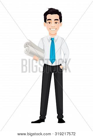 Young Business Man Holding Two Scrolls Of Whatman Paper. Handsome Businessman Cartoon Character. Vec