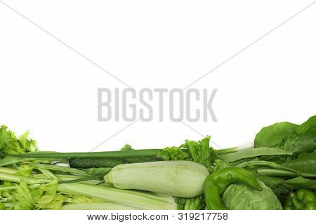 Pile Of Fresh Green Vegetables Isolated On White Background Border Frame Stripe Design Element