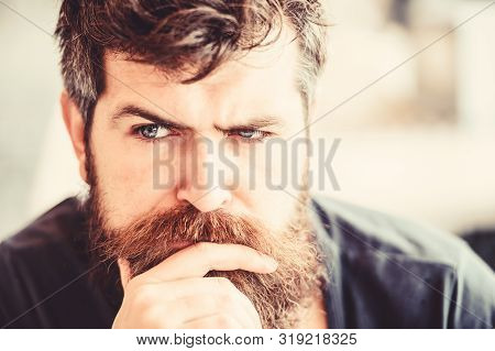 Making Hard Decision. Man With Beard And Mustache Thoughtful Troubled. Bearded Man Concentrated Face