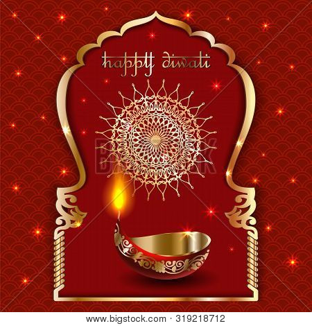 Vector Banner India Diwali, Deepavali Festival Of Lights, Red Background Dipavali With Gold Ornament
