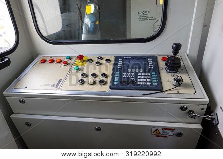 Orlando, Fl/usa-8/22/19: The Control Panel To Move The Jetway Out To The Airplane After Arrival And 