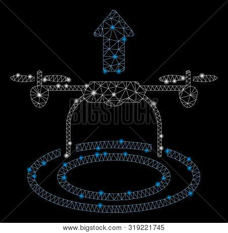 Glossy Mesh Start Drone With Glow Effect. Abstract Illuminated Model Of Start Drone Icon. Shiny Wire