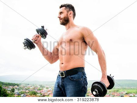 Man Sportsman With Strong Ab Torso. Steroids. Sport Equipment. Perfect Six Pack. Fitness Health Diet