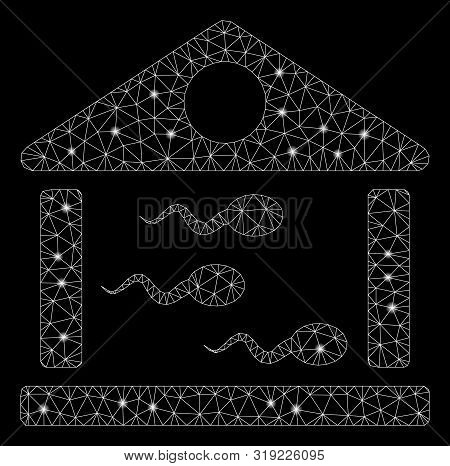Flare Mesh Sperm Bank With Glitter Effect. Abstract Illuminated Model Of Sperm Bank Icon. Shiny Wire