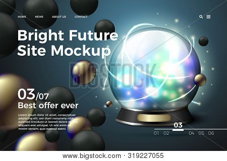 Vector Realistic 3d Fortune Teller Cristall Ball On Modern Site Template With Typographic Background