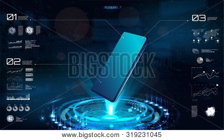 Technology Hologram With Smartphone Blank. Hud Interface On Mobile Telephone. 3d Isometric Mobile Ph