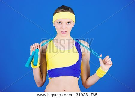 Full Of Energy. Health Diet. Success. Sporty Woman Training In Gym. Happy Woman Workout With Jump Ro