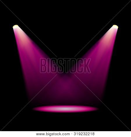 Glowing Purple Spotlights. Pair Of Illumination Stage Lights. Vector Illustration For Your Graphic D