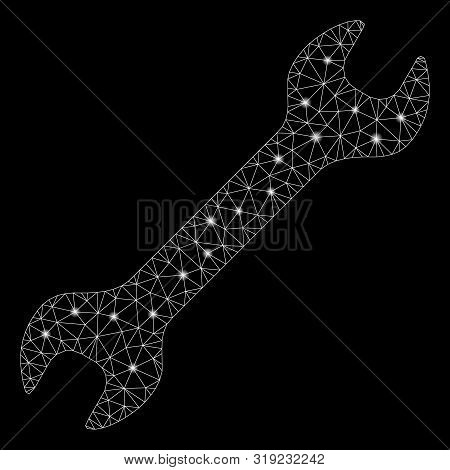 Bright Mesh Wrench With Glow Effect. Abstract Illuminated Model Of Wrench Icon. Shiny Wire Carcass T
