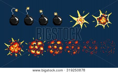 Pixel Art Detonation Of Bomb. Game Icons Set. Comic Boom Flame Effects For Emotion.