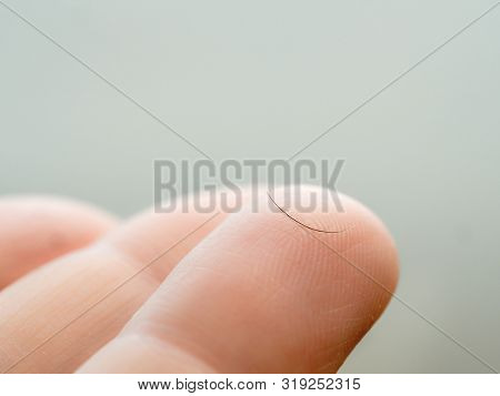 Loss Of Eyelashes Concept. Eyelash On Phalanx Close Up. One Dropped Eyelash On Finger Macro Shoot. E