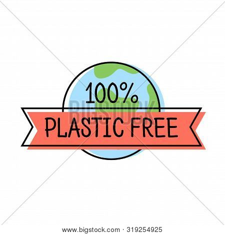 Plastic Free Product Label Logo Line Style With Earth And Text, Template For Packaging, Vector Illus