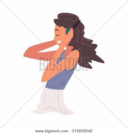 Smiling Girl Listening To Music With Headhones, Happy Girl Using Smartphone Or Audio Player Vector I